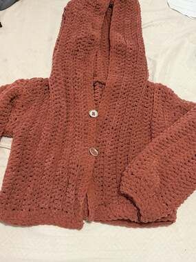 Chunky Chenille Knit Hooded Cardigan with Two-Button Closure
